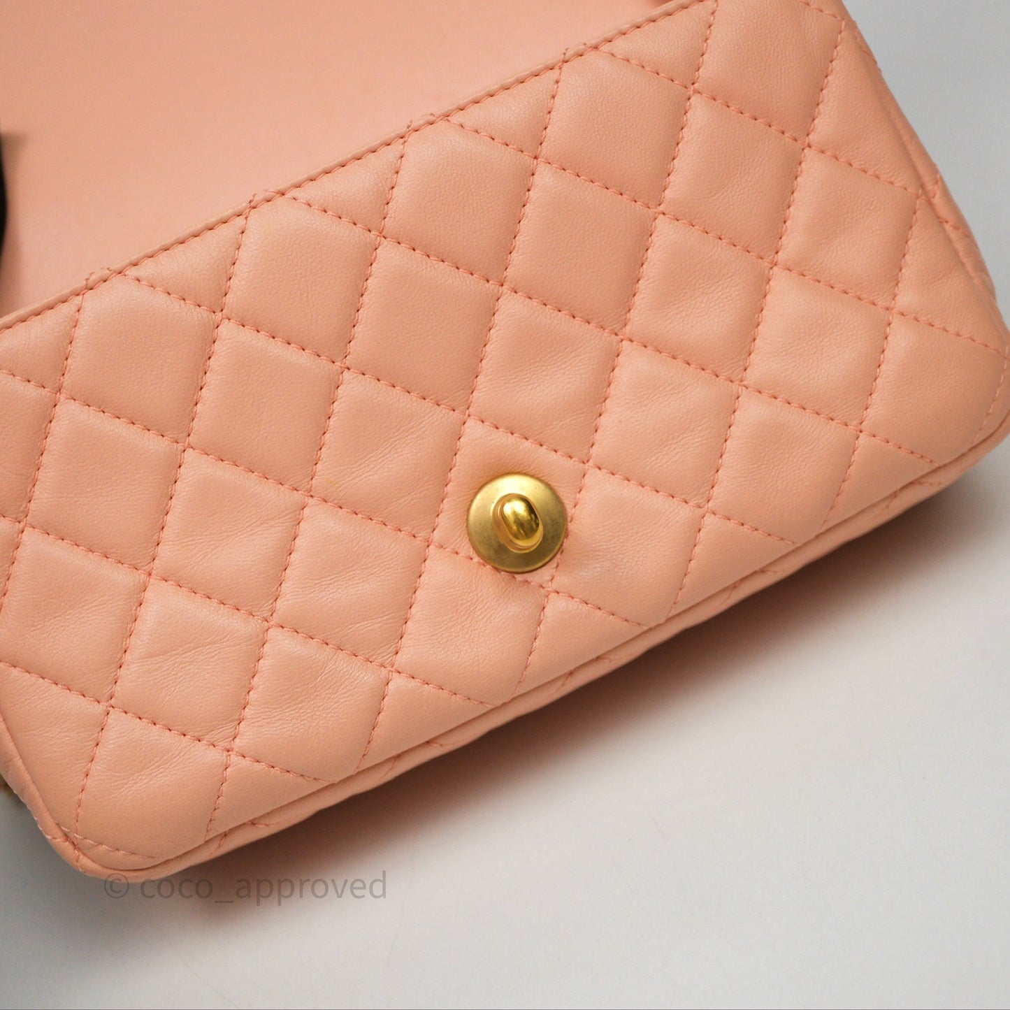Chanel Mini Rectangular Pearl Crush Quilted Peach Lambskin Aged Gold Hardware