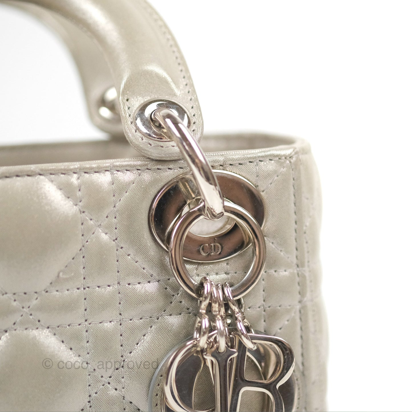 Christian Dior Mini Lady Dior Bag Cannage Lambskin Iridescent Grey Gold Hardware