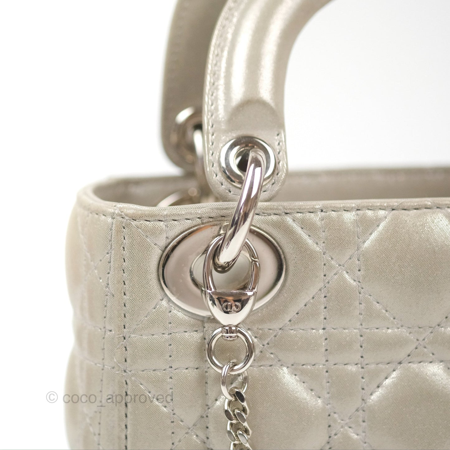 Christian Dior Mini Lady Dior Bag Cannage Lambskin Iridescent Grey Gold Hardware