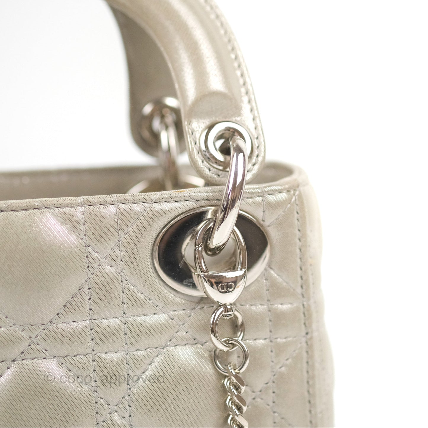 Christian Dior Mini Lady Dior Bag Cannage Lambskin Iridescent Grey Gold Hardware