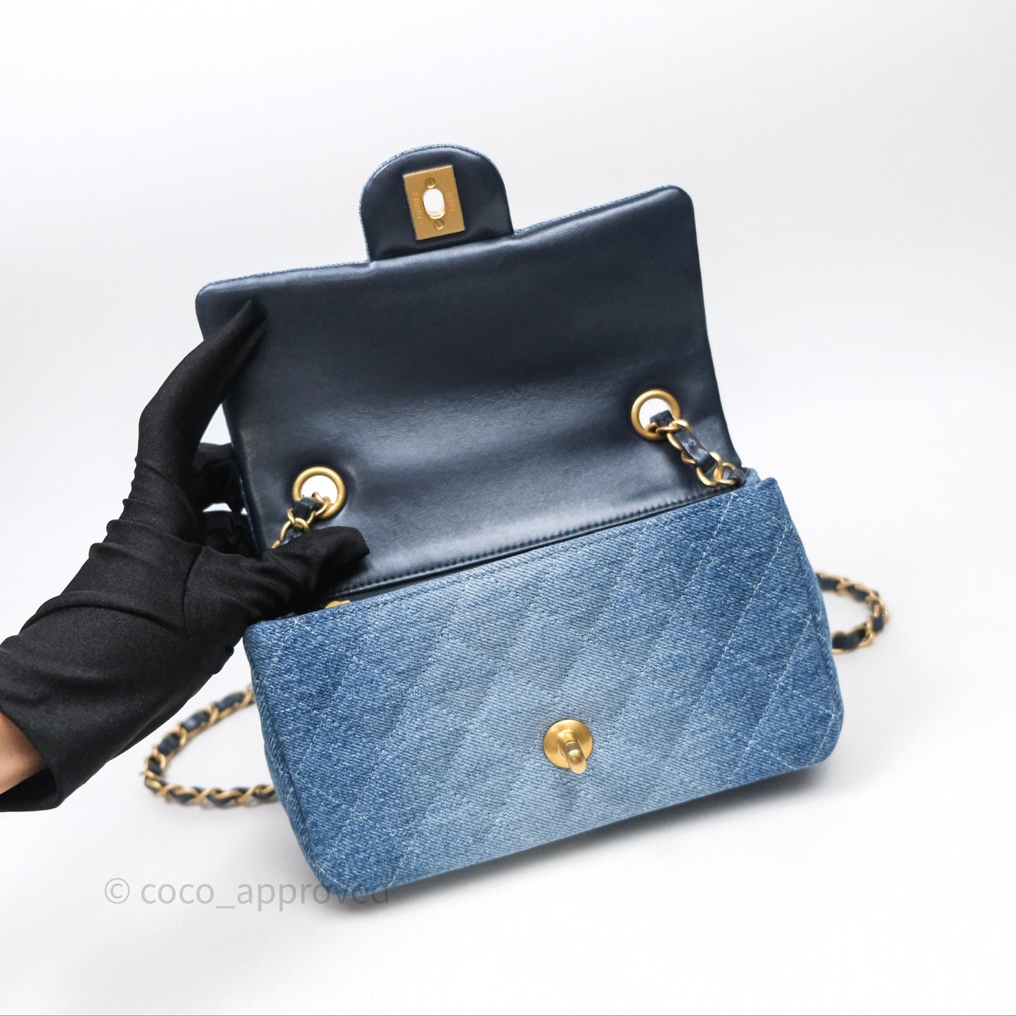 Chanel Quilted Mini Rectangular Flap Denim Aged Gold Hardware