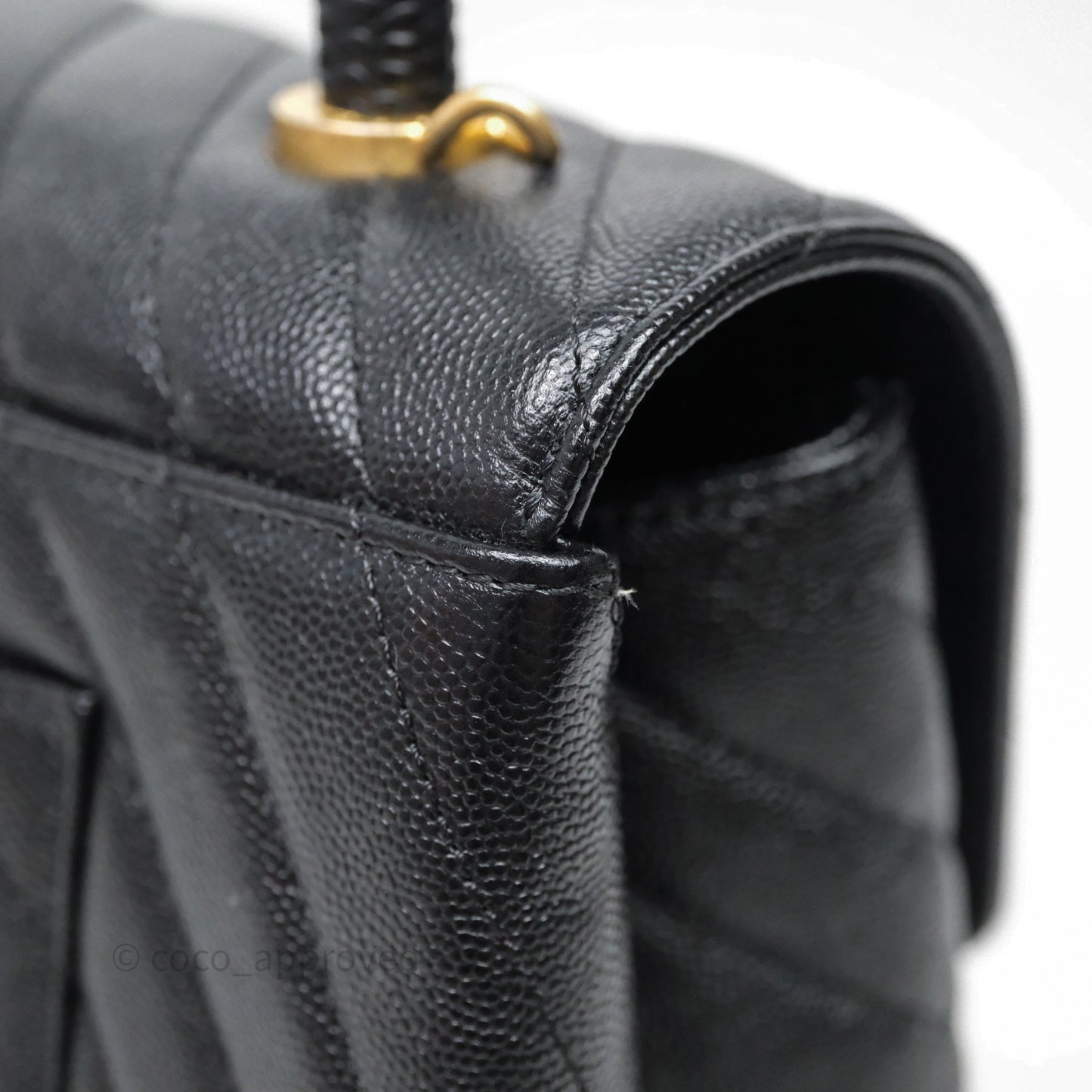 Chanel Medium Quilted Coco Handle Chevron Black Caviar Aged Gold Hardware Lizard Handle