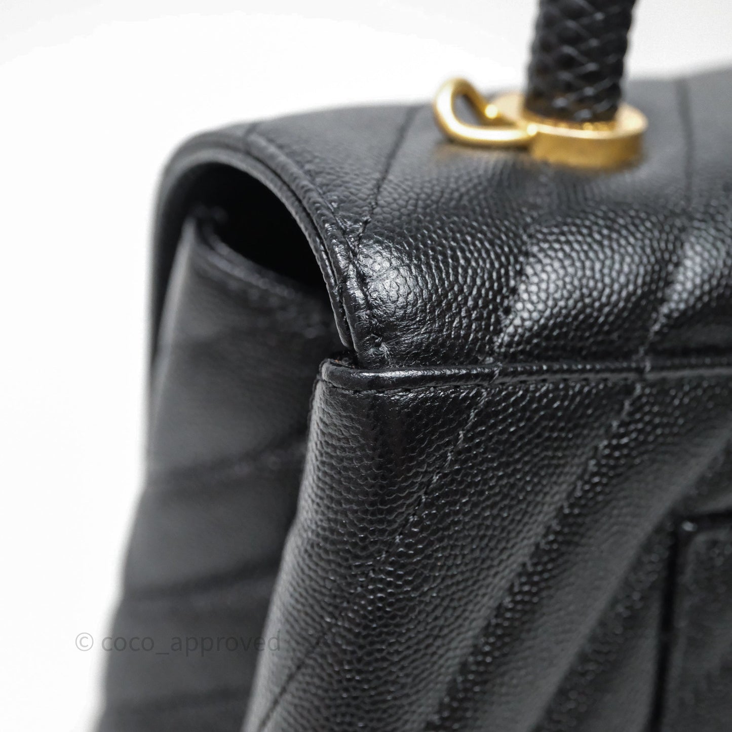 Chanel Medium Quilted Coco Handle Chevron Black Caviar Aged Gold Hardware Lizard Handle