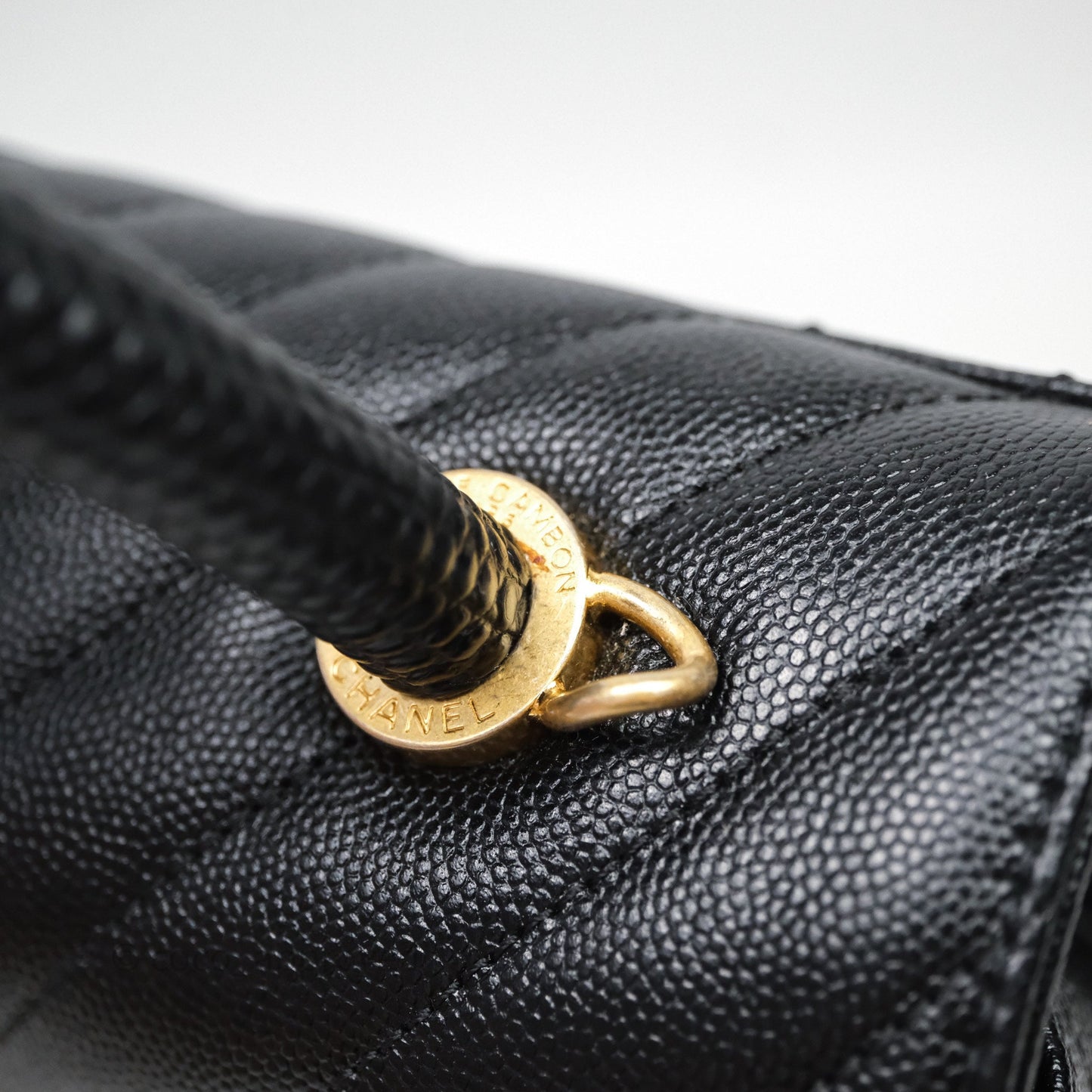Chanel Medium Quilted Coco Handle Chevron Black Caviar Aged Gold Hardware Lizard Handle