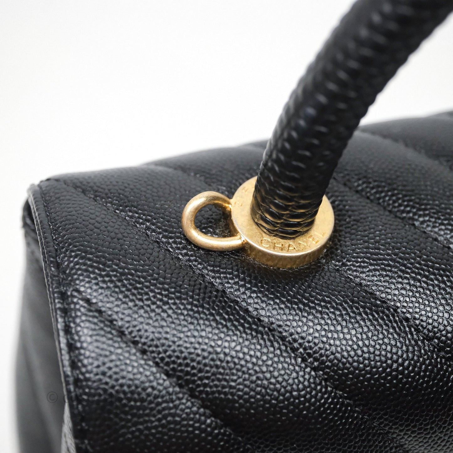 Chanel Medium Quilted Coco Handle Chevron Black Caviar Aged Gold Hardware Lizard Handle
