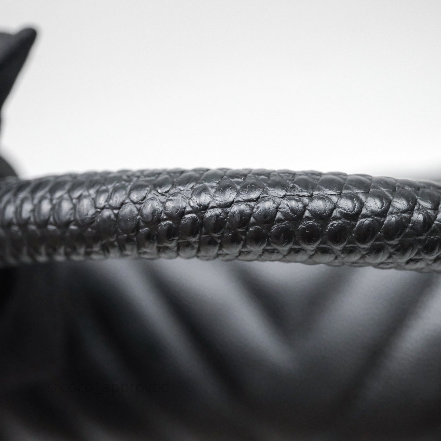 Chanel Medium Quilted Coco Handle Chevron Black Caviar Aged Gold Hardware Lizard Handle