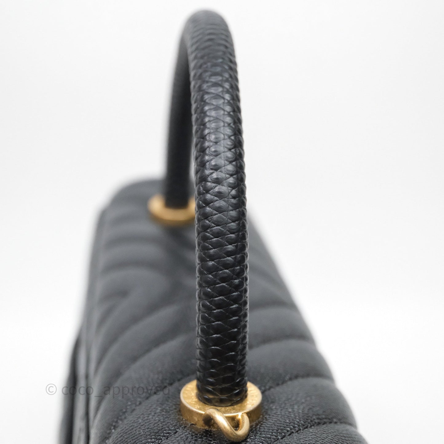 Chanel Medium Quilted Coco Handle Chevron Black Caviar Aged Gold Hardware Lizard Handle