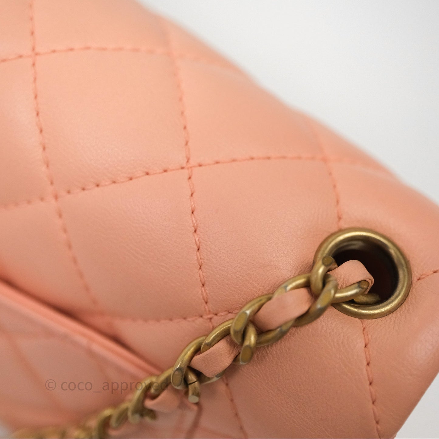 Chanel Mini Rectangular Pearl Crush Quilted Peach Lambskin Aged Gold Hardware