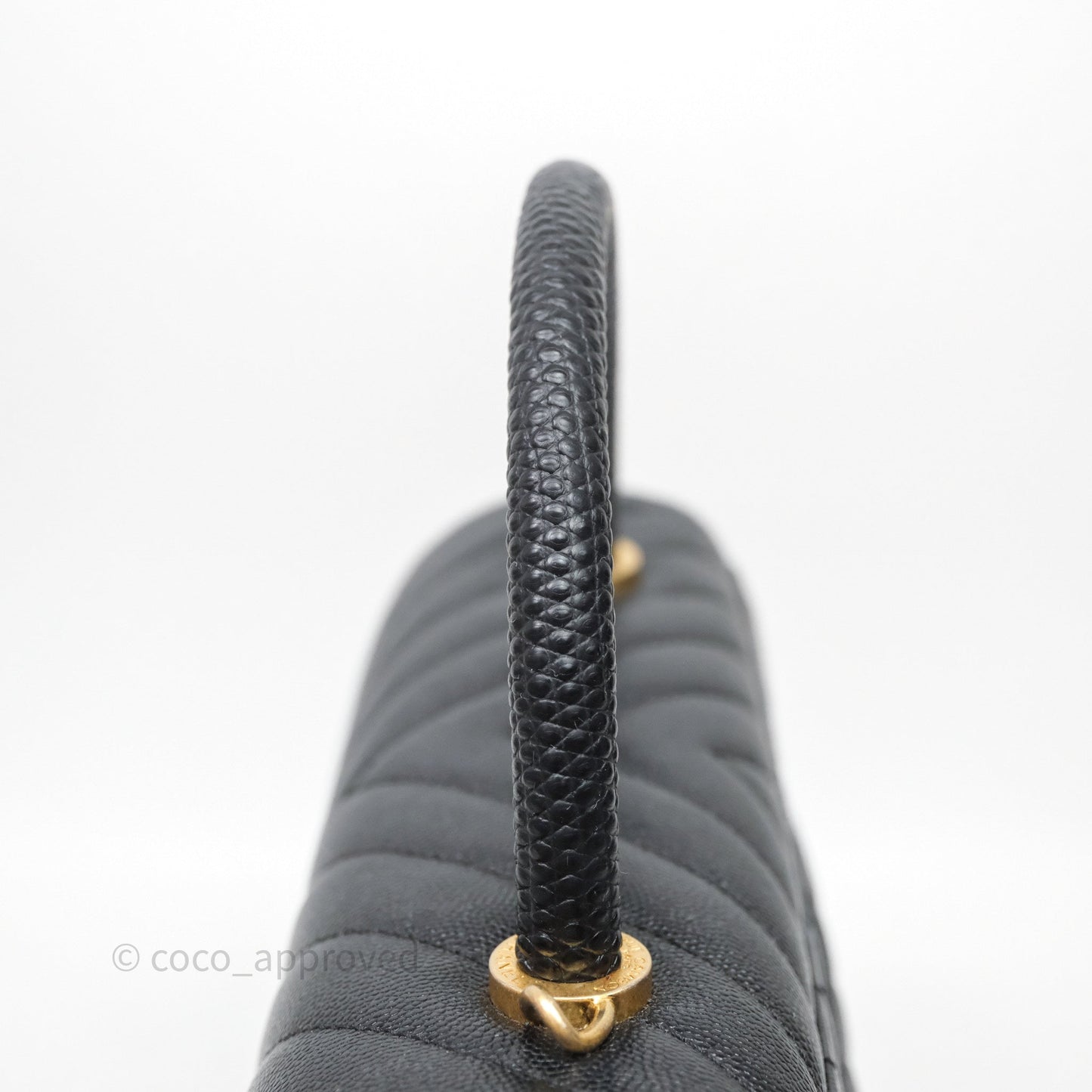Chanel Medium Quilted Coco Handle Chevron Black Caviar Aged Gold Hardware Lizard Handle