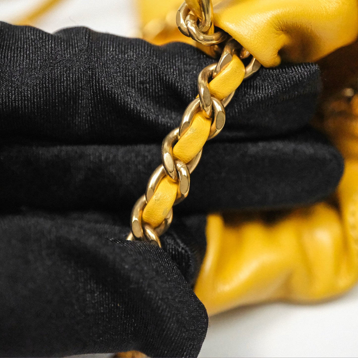 Chanel 22 Mini Bag Mustard Yellow Crumpled Calfskin Aged Gold Hardware