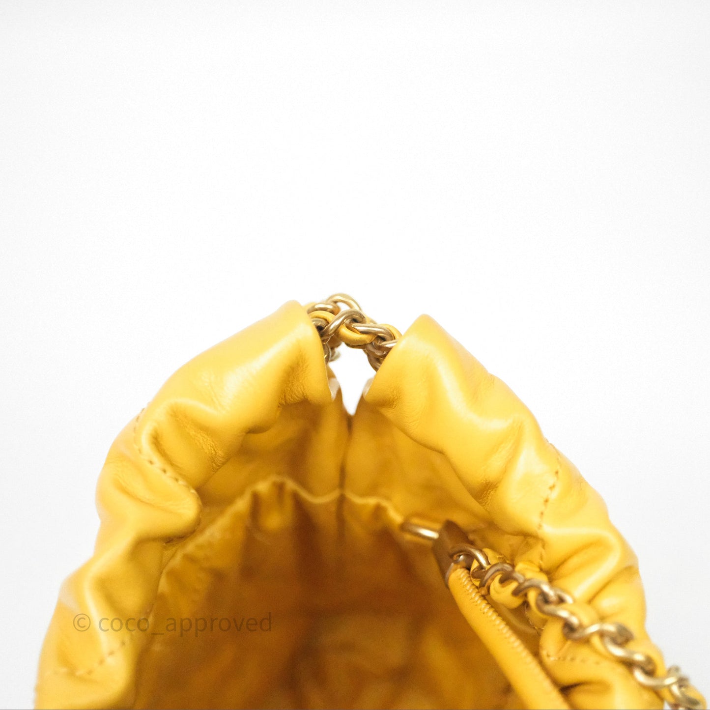 Chanel 22 Mini Bag Mustard Yellow Crumpled Calfskin Aged Gold Hardware