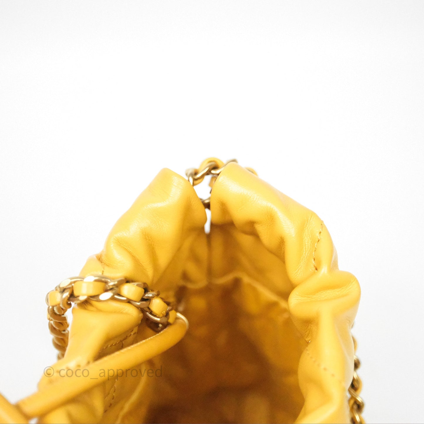 Chanel 22 Mini Bag Mustard Yellow Crumpled Calfskin Aged Gold Hardware