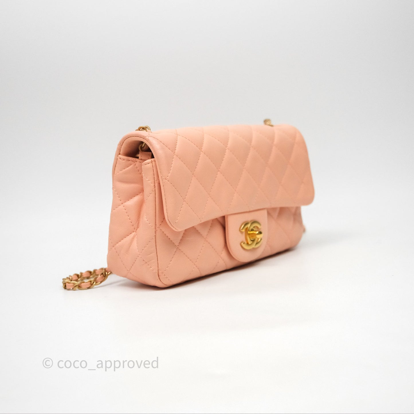 Chanel Mini Rectangular Pearl Crush Quilted Peach Lambskin Aged Gold Hardware