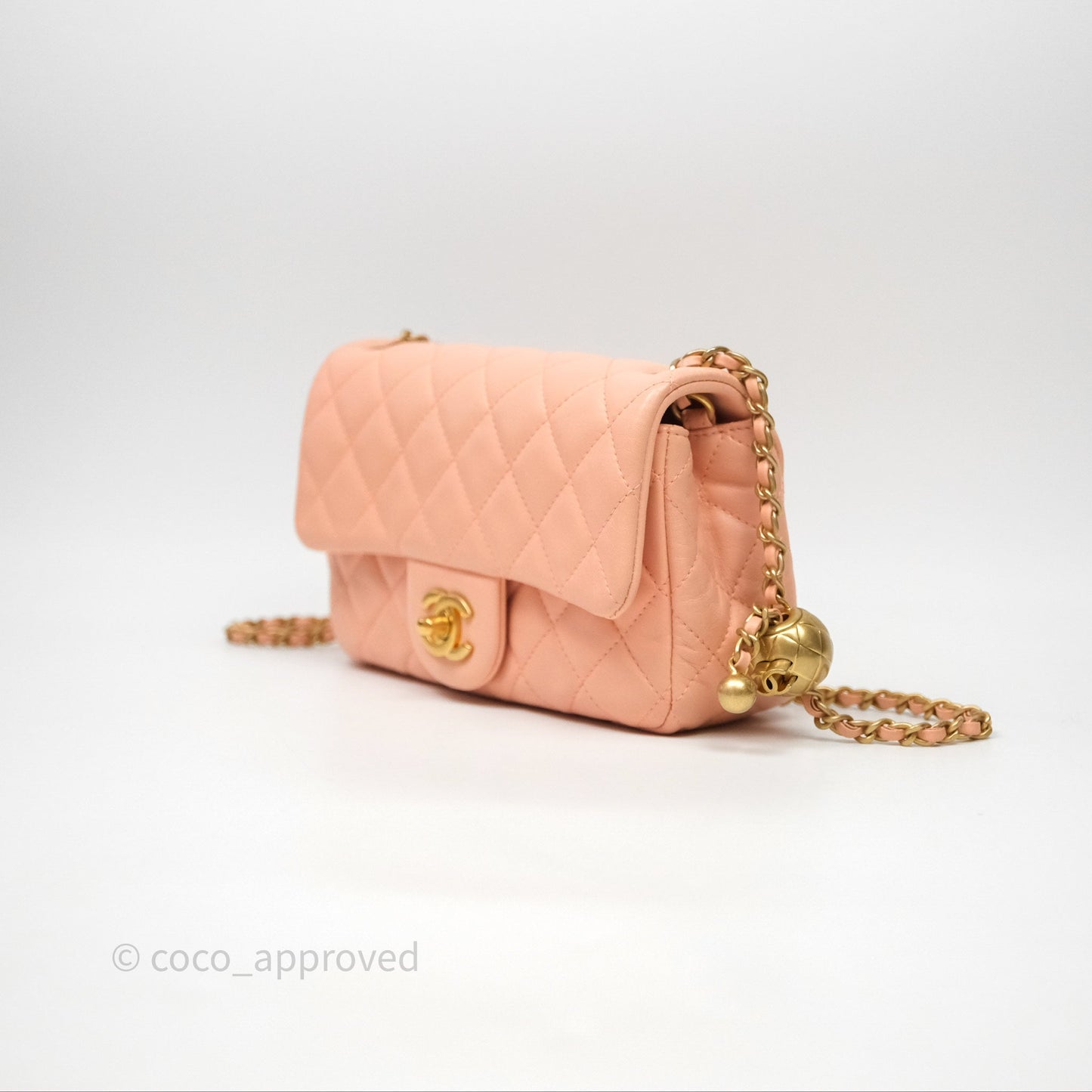 Chanel Mini Rectangular Pearl Crush Quilted Peach Lambskin Aged Gold Hardware