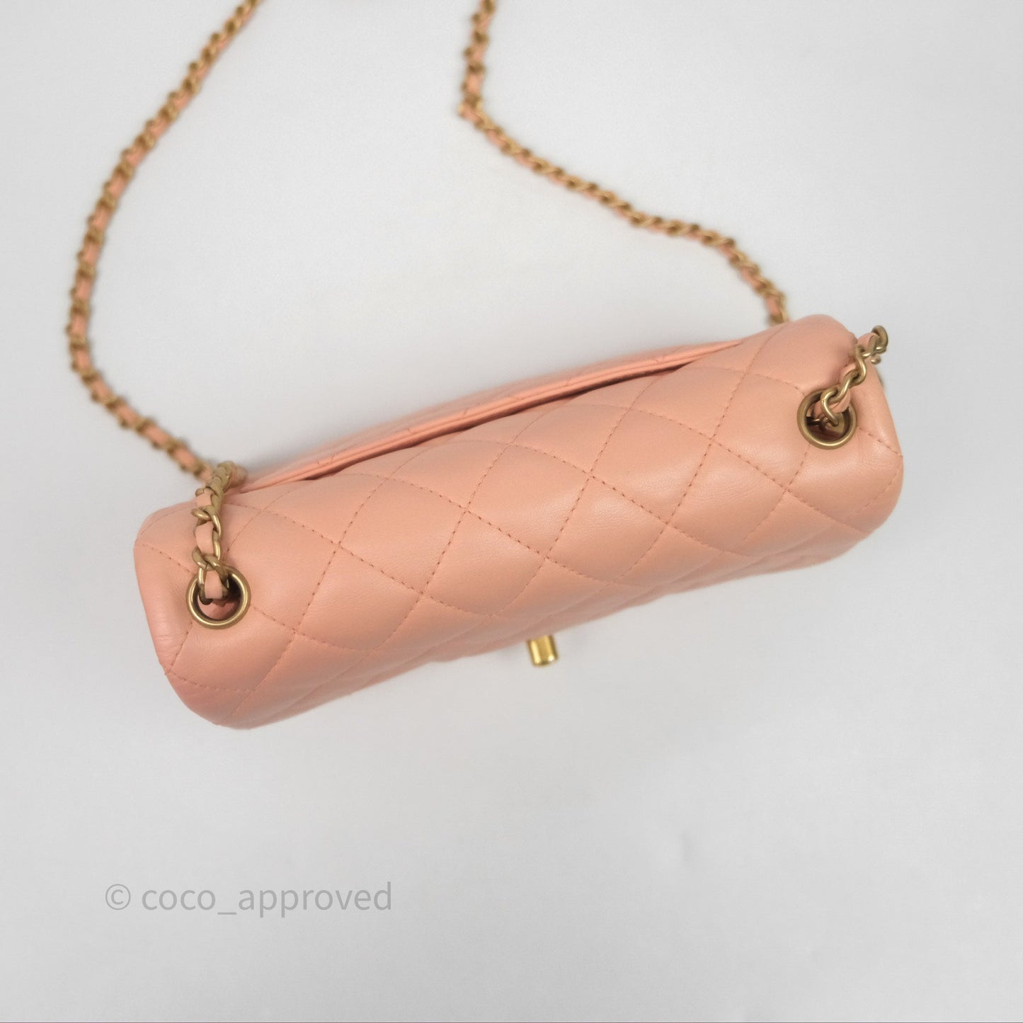 Chanel Mini Rectangular Pearl Crush Quilted Peach Lambskin Aged Gold Hardware