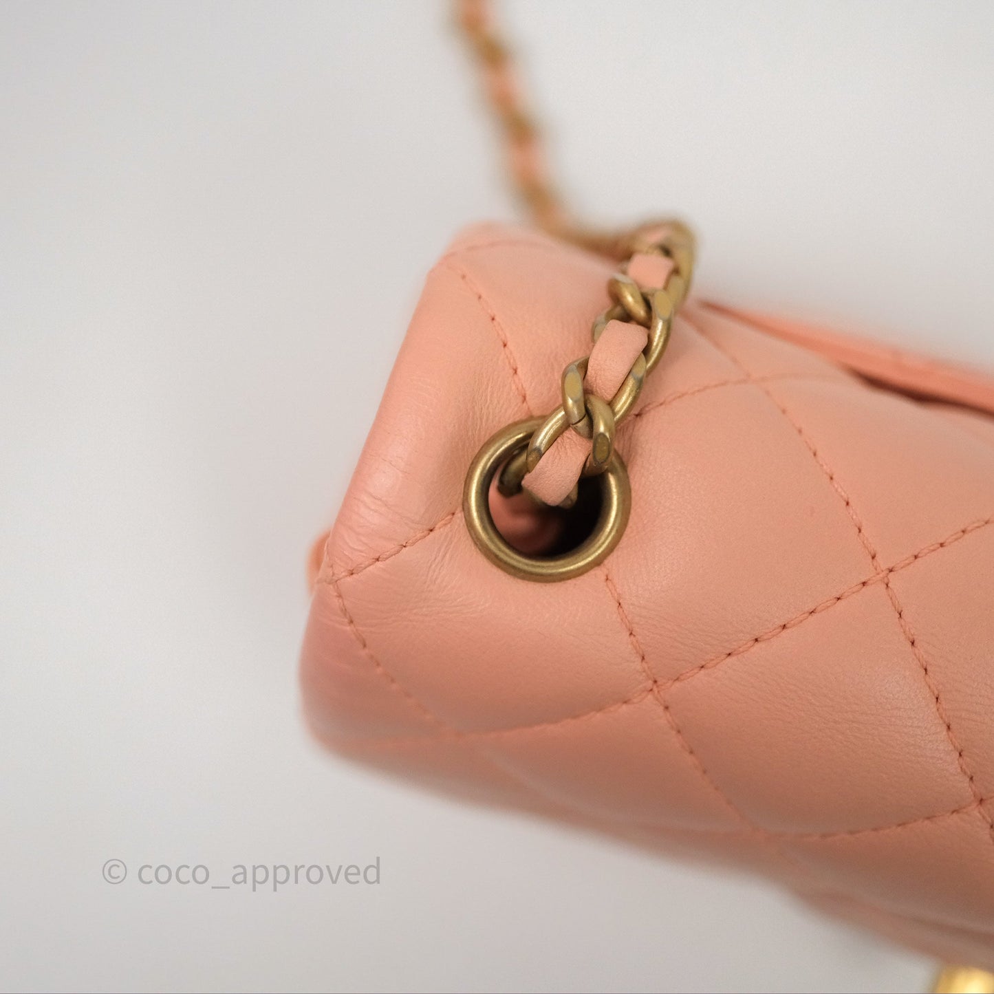 Chanel Mini Rectangular Pearl Crush Quilted Peach Lambskin Aged Gold Hardware