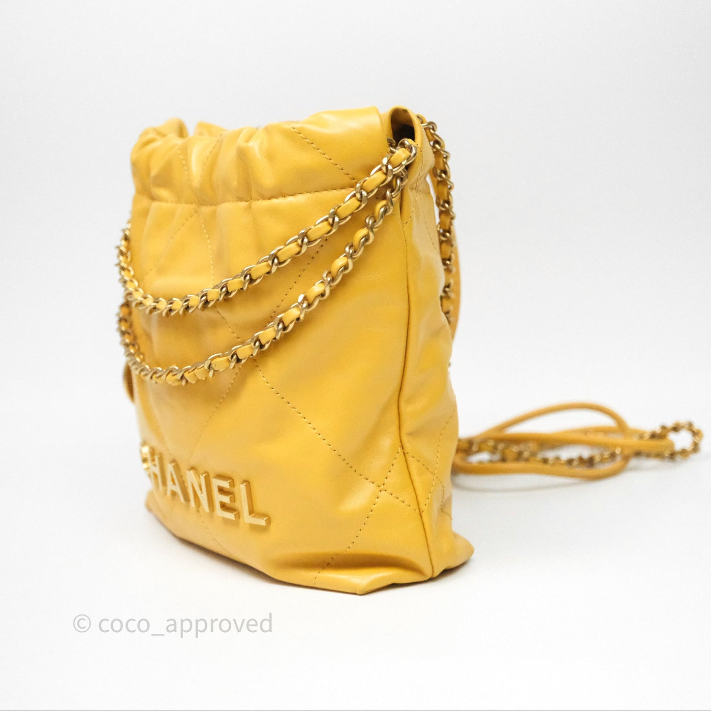 Chanel 22 Mini Bag Mustard Yellow Crumpled Calfskin Aged Gold Hardware