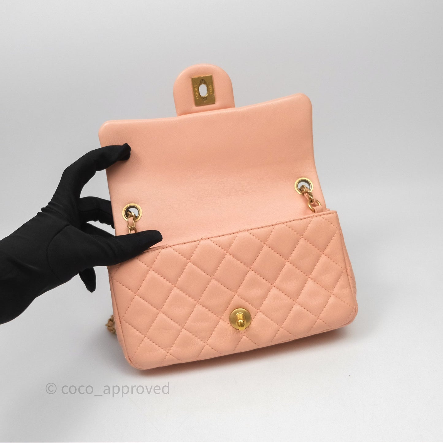 Chanel Mini Rectangular Pearl Crush Quilted Peach Lambskin Aged Gold Hardware