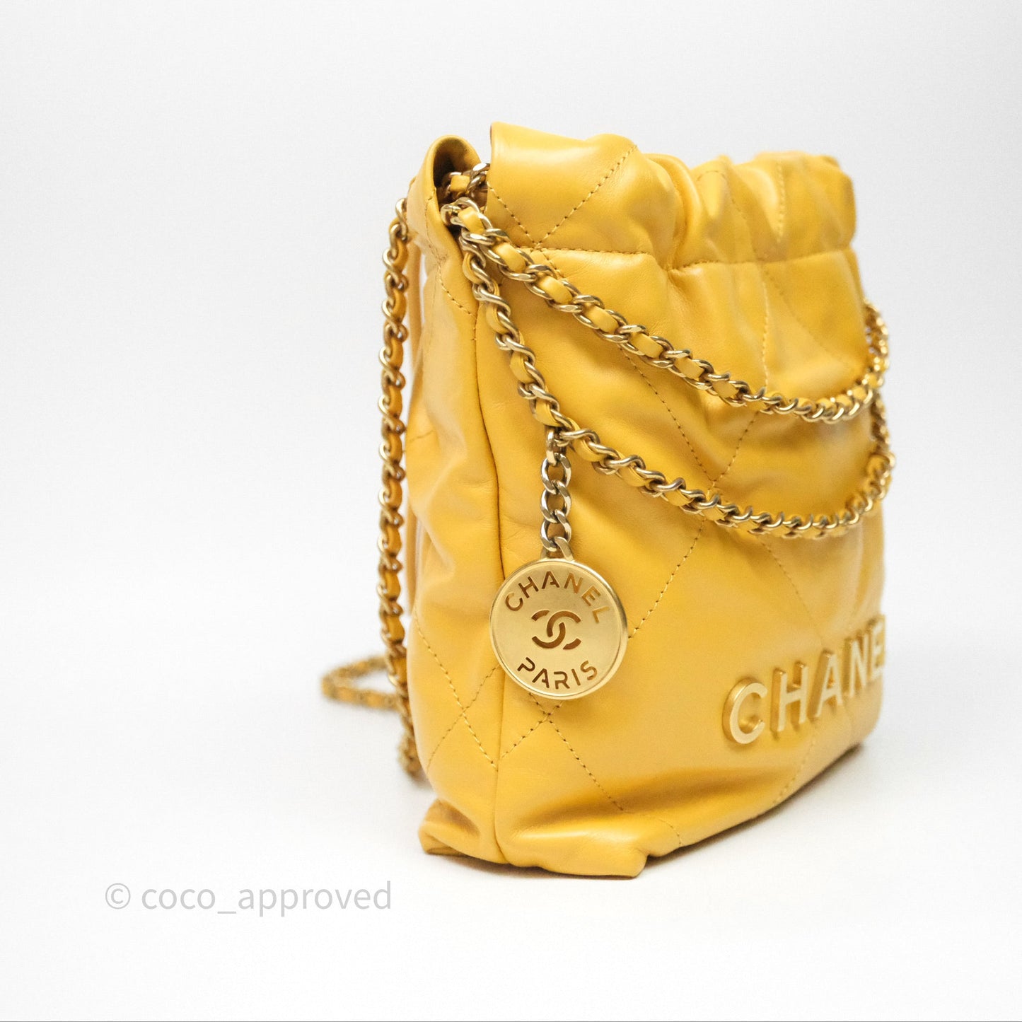 Chanel 22 Mini Bag Mustard Yellow Crumpled Calfskin Aged Gold Hardware