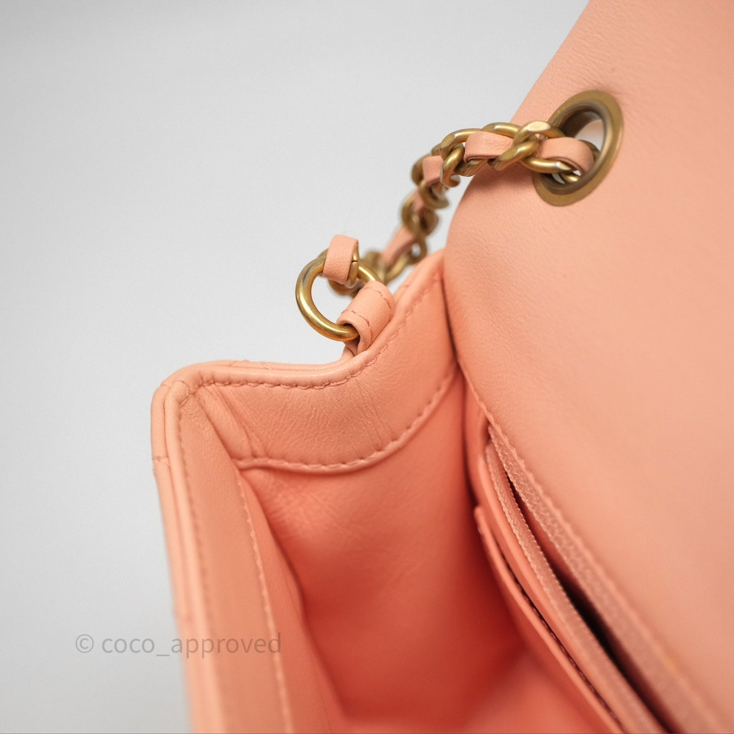 Chanel Mini Rectangular Pearl Crush Quilted Peach Lambskin Aged Gold Hardware