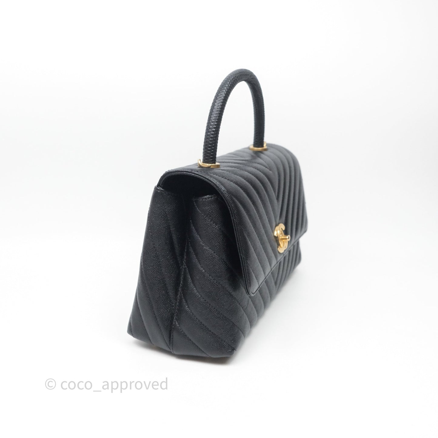 Chanel Medium Quilted Coco Handle Chevron Black Caviar Aged Gold Hardware Lizard Handle