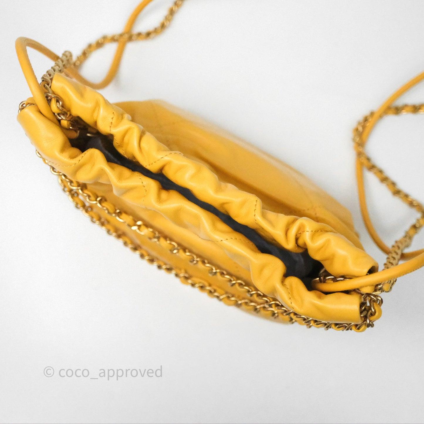 Chanel 22 Mini Bag Mustard Yellow Crumpled Calfskin Aged Gold Hardware
