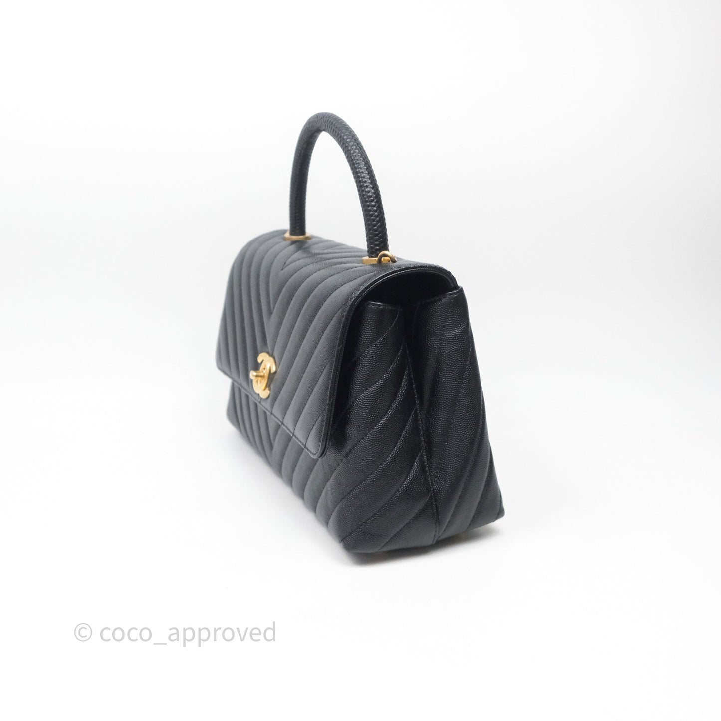 Chanel Medium Quilted Coco Handle Chevron Black Caviar Aged Gold Hardware Lizard Handle