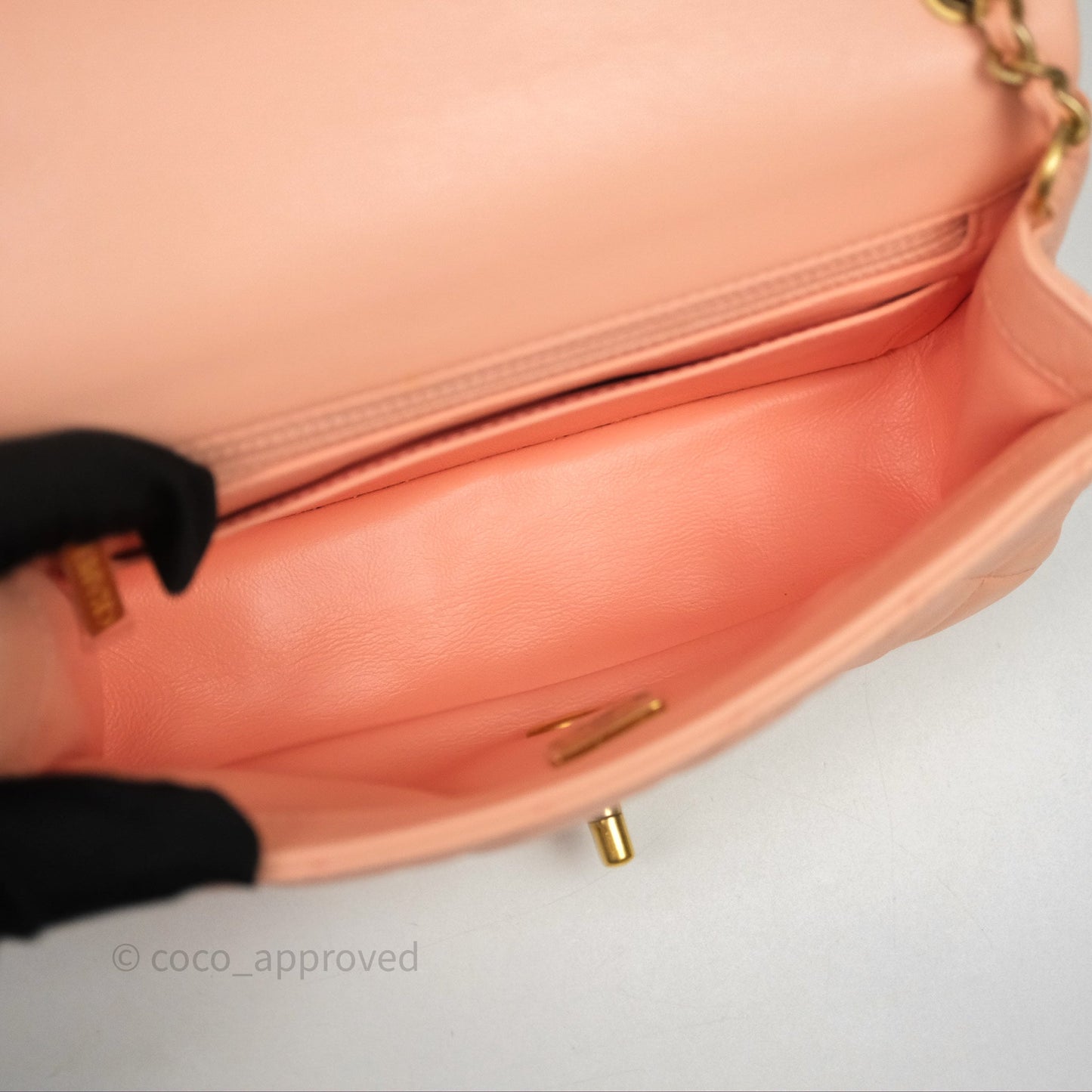 Chanel Mini Rectangular Pearl Crush Quilted Peach Lambskin Aged Gold Hardware