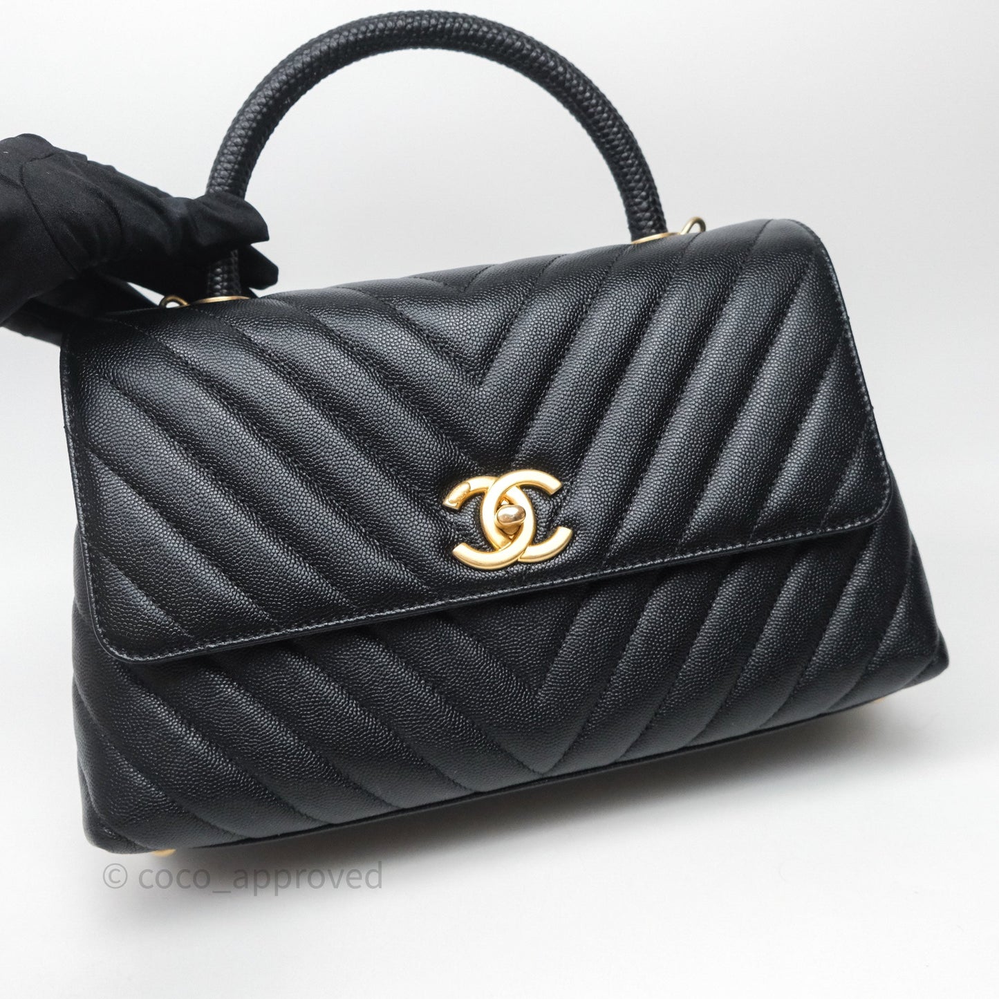Chanel Medium Quilted Coco Handle Chevron Black Caviar Aged Gold Hardware Lizard Handle