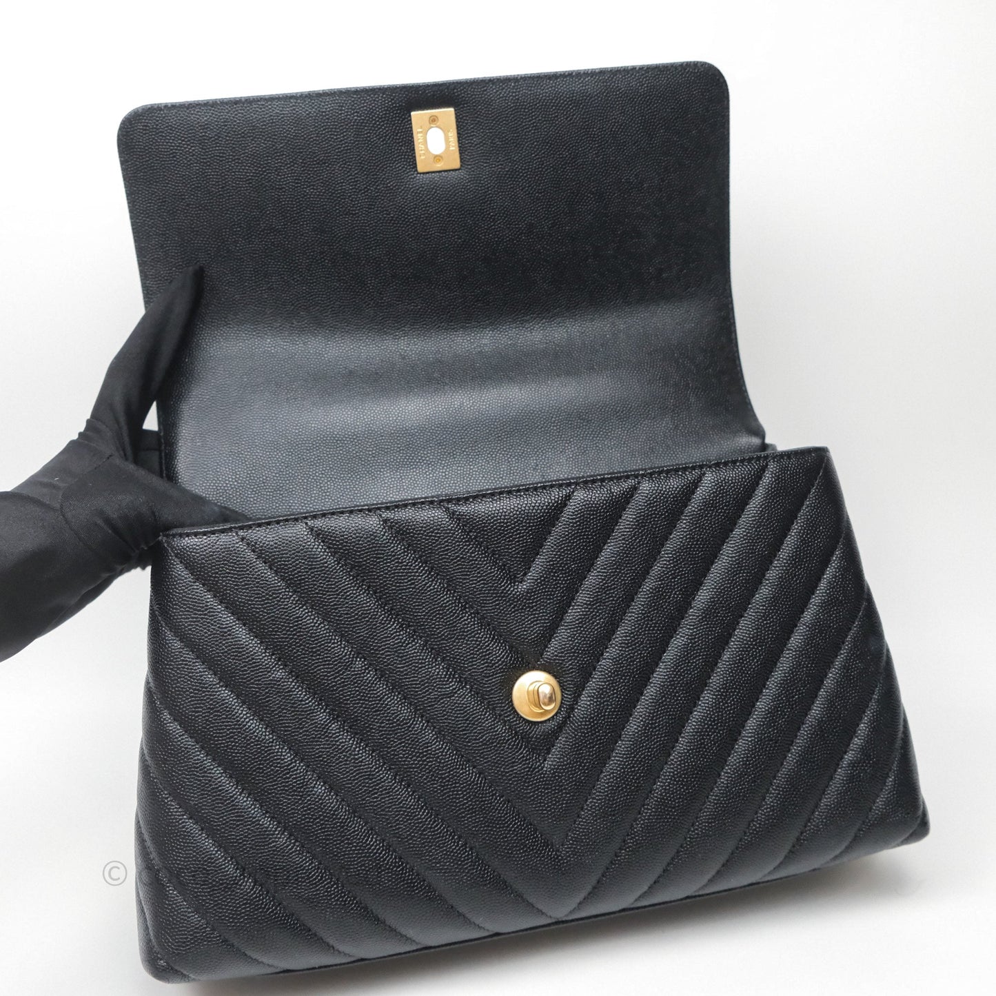 Chanel Medium Quilted Coco Handle Chevron Black Caviar Aged Gold Hardware Lizard Handle