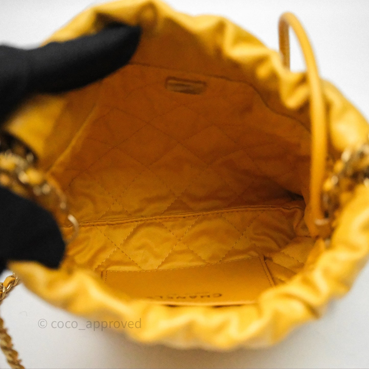 Chanel 22 Mini Bag Mustard Yellow Crumpled Calfskin Aged Gold Hardware