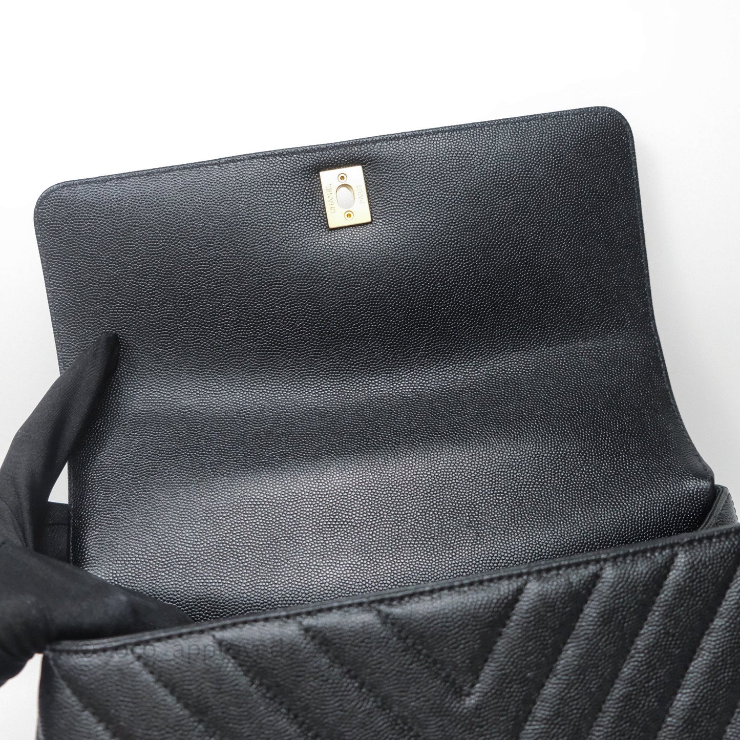 Chanel Medium Quilted Coco Handle Chevron Black Caviar Aged Gold Hardware Lizard Handle