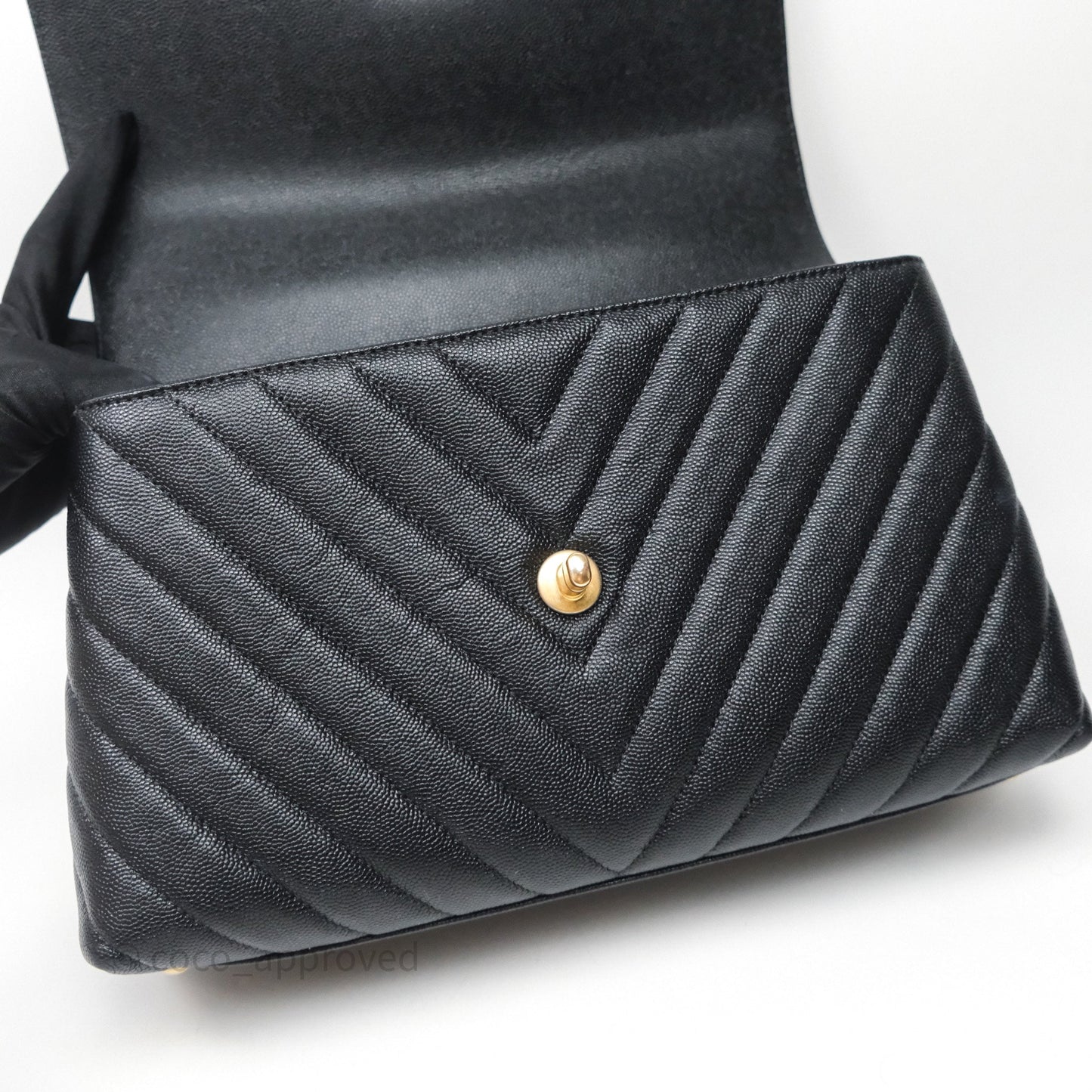 Chanel Medium Quilted Coco Handle Chevron Black Caviar Aged Gold Hardware Lizard Handle