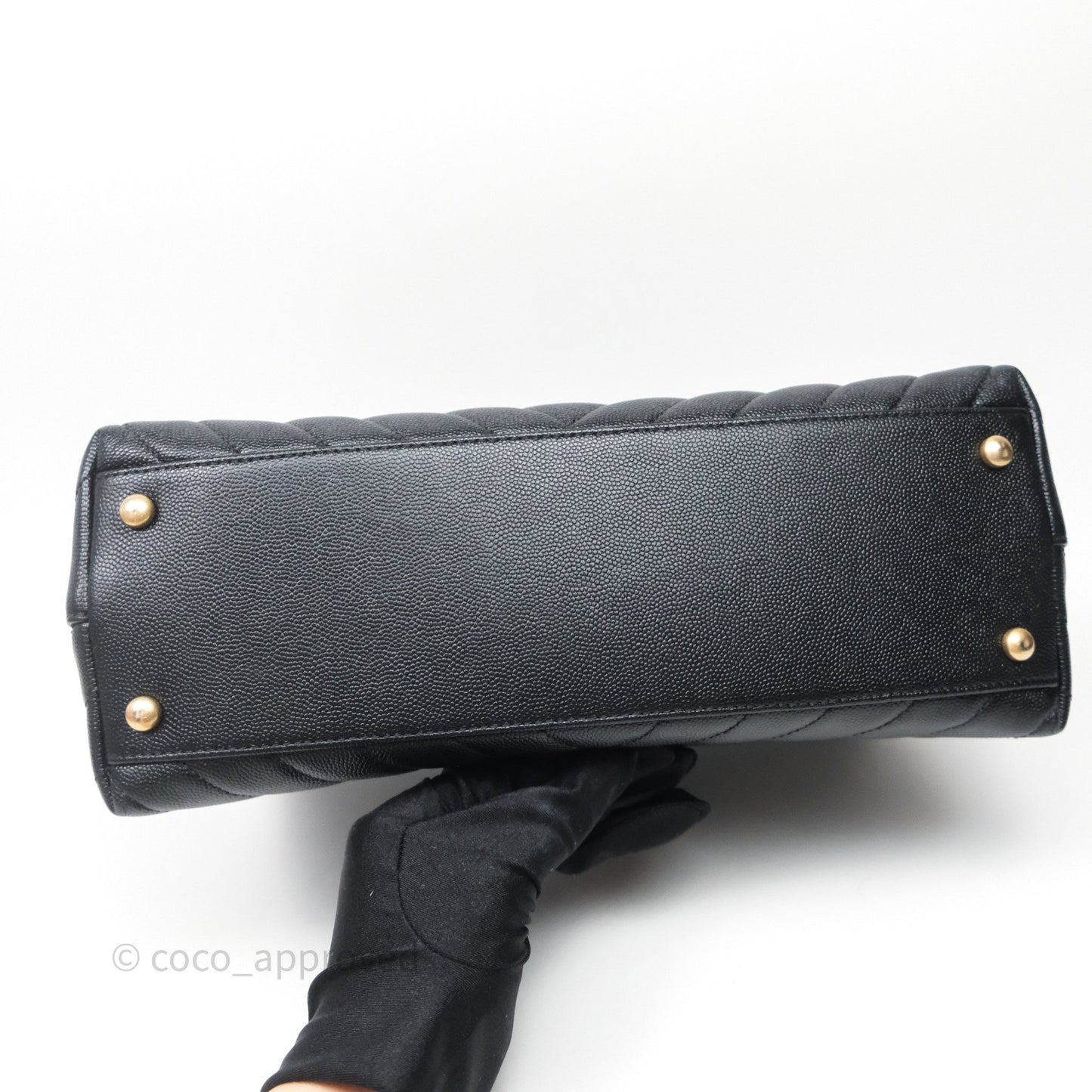 Chanel Medium Quilted Coco Handle Chevron Black Caviar Aged Gold Hardware Lizard Handle