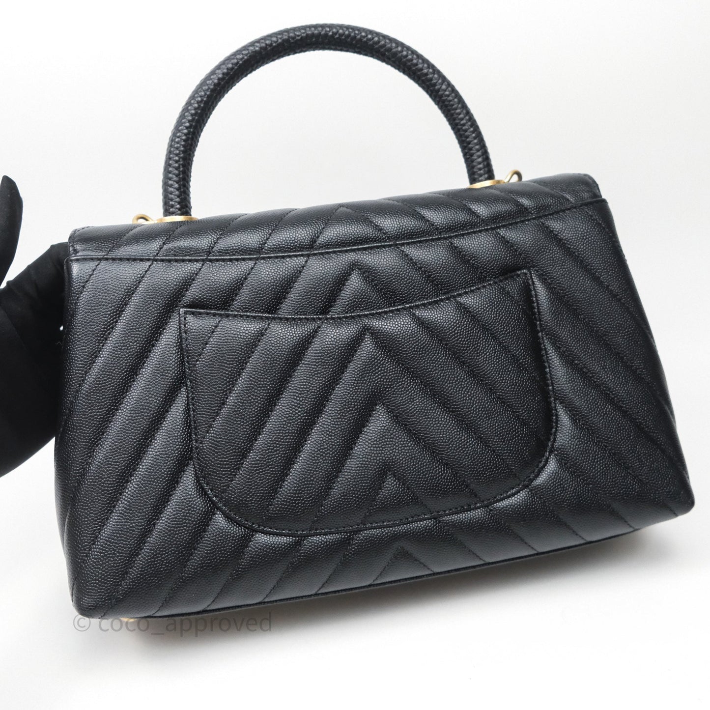 Chanel Medium Quilted Coco Handle Chevron Black Caviar Aged Gold Hardware Lizard Handle