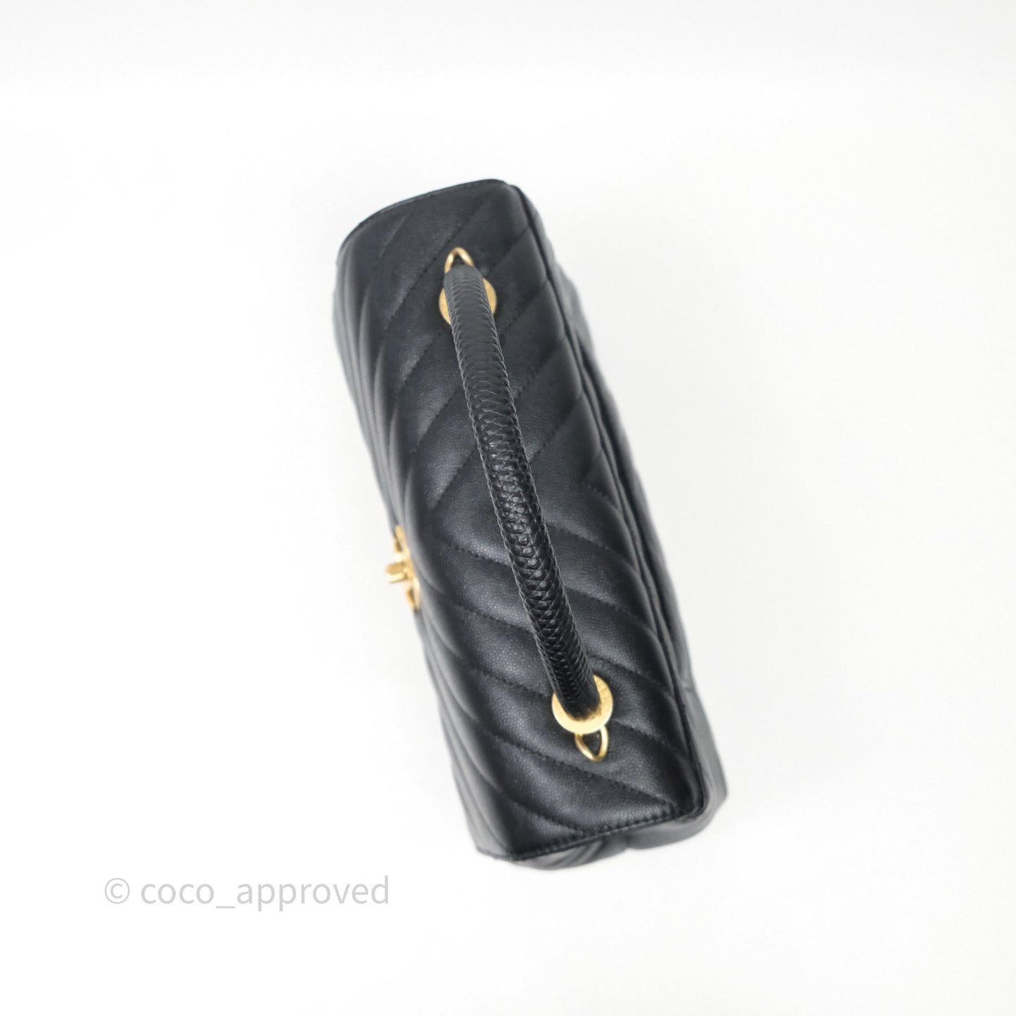 Chanel Medium Quilted Coco Handle Chevron Black Caviar Aged Gold Hardware Lizard Handle