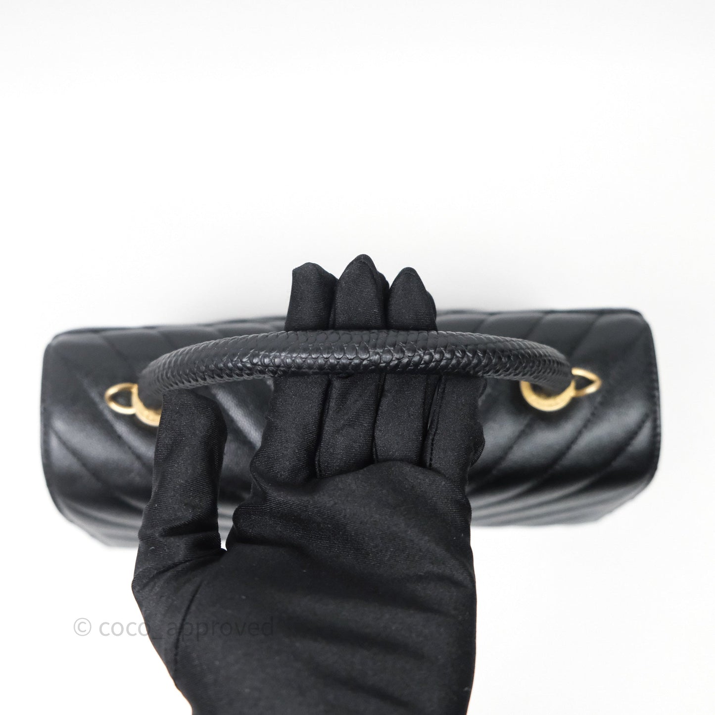 Chanel Medium Quilted Coco Handle Chevron Black Caviar Aged Gold Hardware Lizard Handle