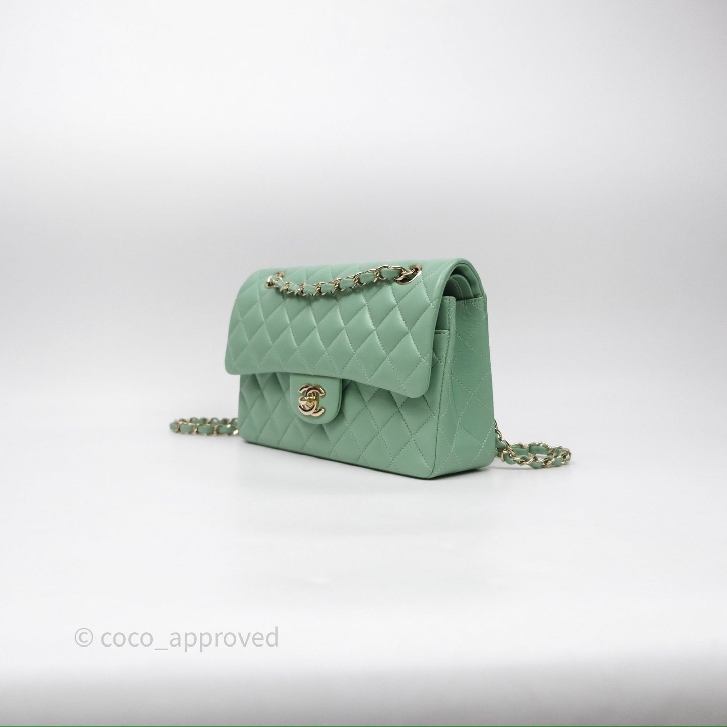 Chanel Small Classic Flap Quilted Mint Green Lambskin Gold Hardware