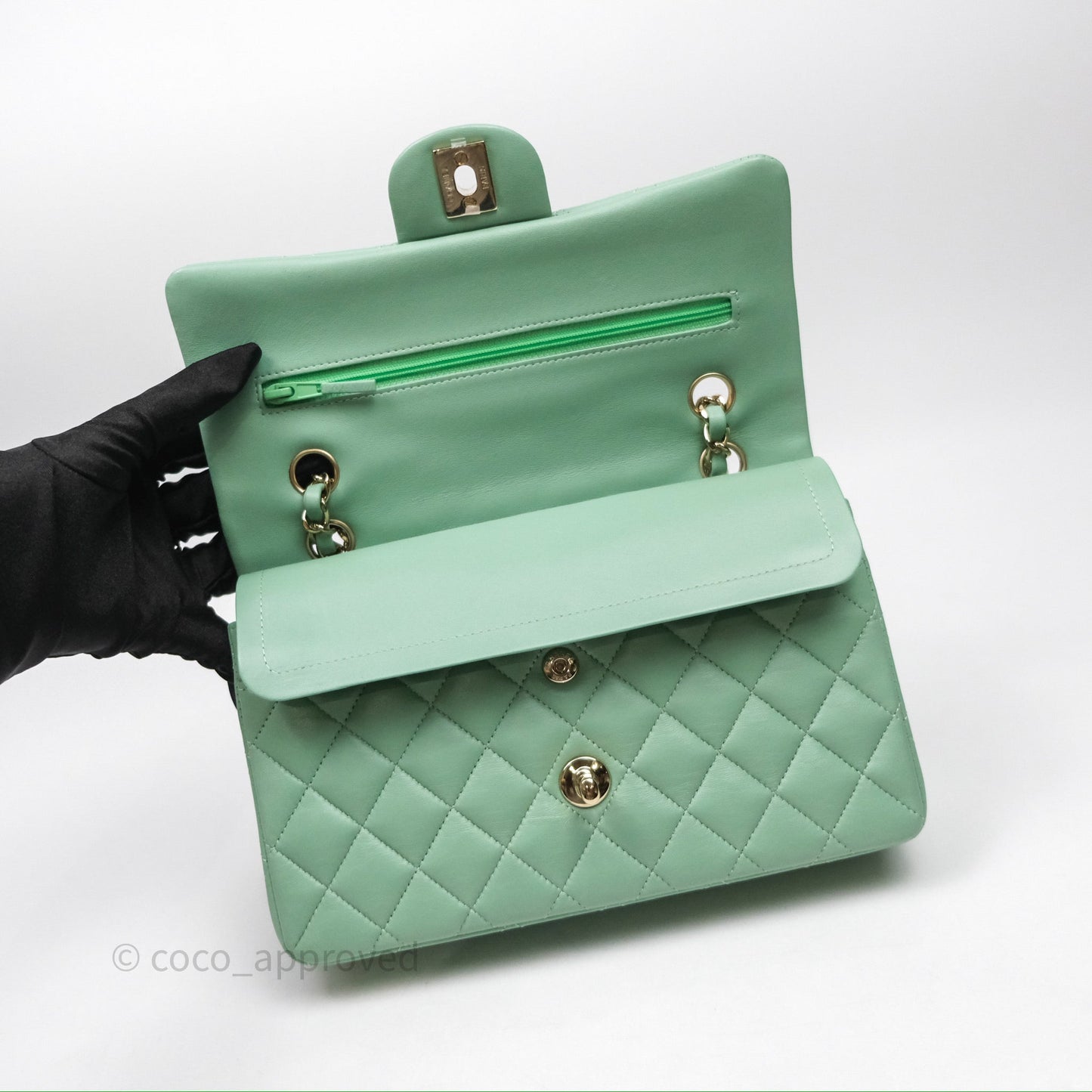 Chanel Small Classic Flap Quilted Mint Green Lambskin Gold Hardware
