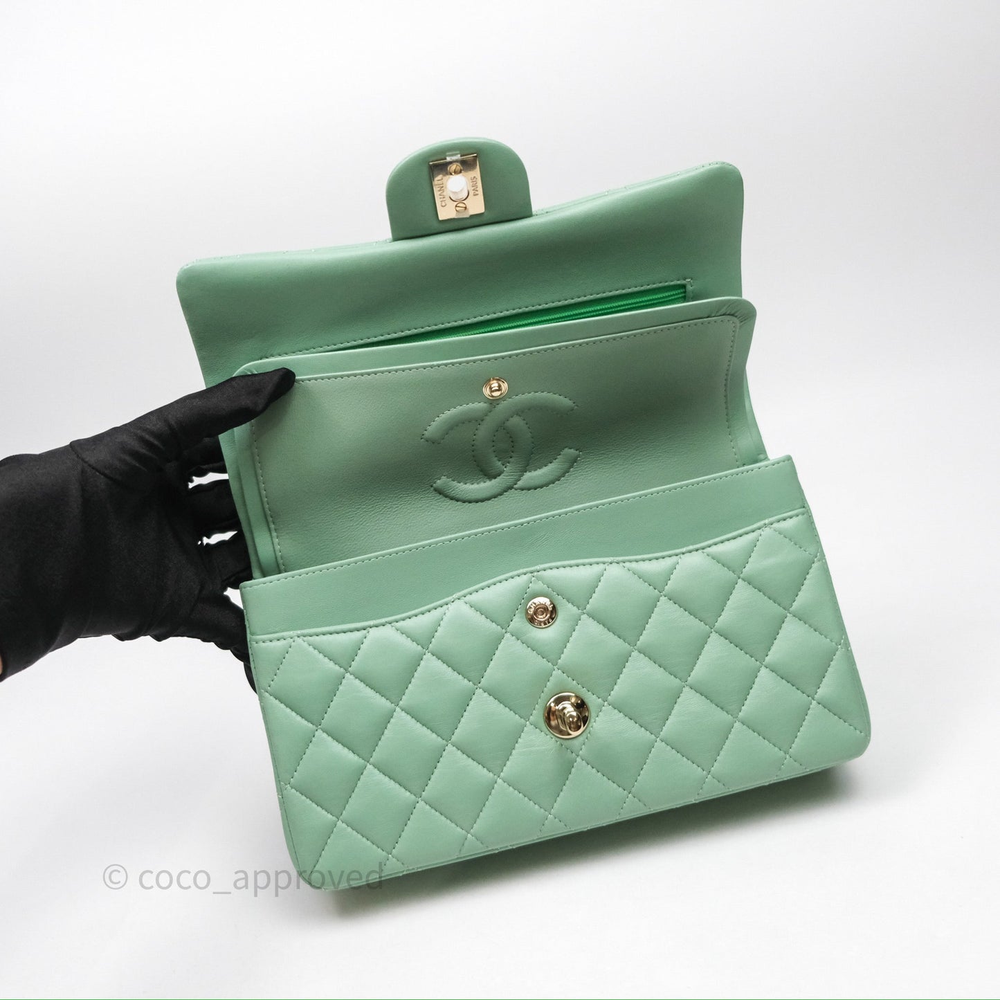 Chanel Small Classic Flap Quilted Mint Green Lambskin Gold Hardware
