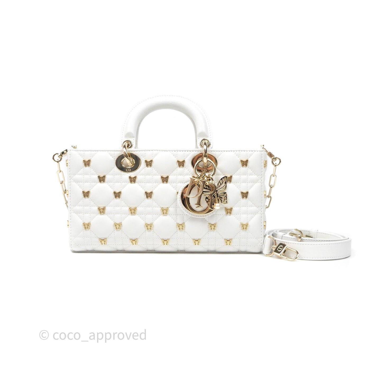 Christian Dior Medium Lady D-Joy Bag Butterfly White Lambskin Cannage Gold Hardware