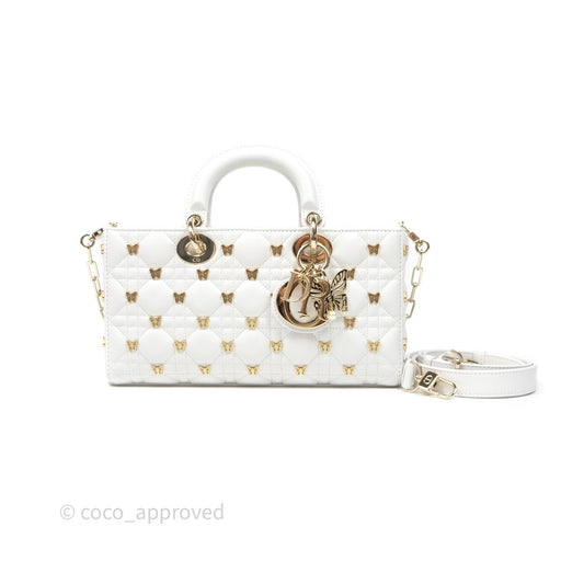 Christian Dior Medium Lady D-Joy Bag Butterfly White Lambskin Cannage Gold Hardware