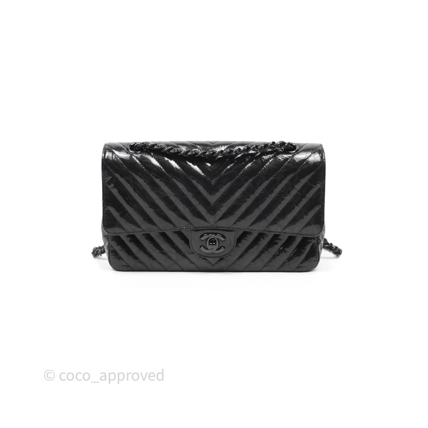 Chanel Classic Chevron M/L Medium Double Flap So Black Patent Calfskin