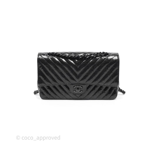Chanel Classic Chevron M/L Medium Double Flap So Black Patent Calfskin