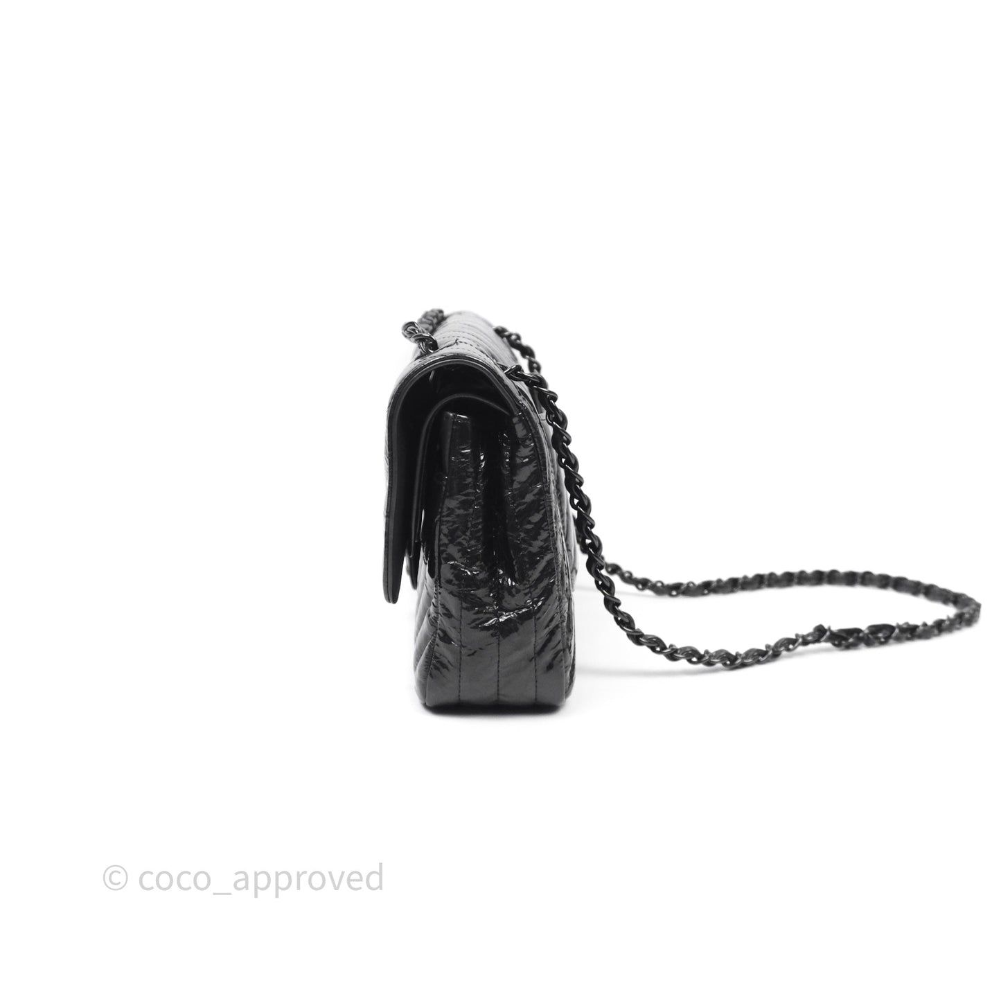 Chanel Classic Chevron M/L Medium Double Flap So Black Patent Calfskin