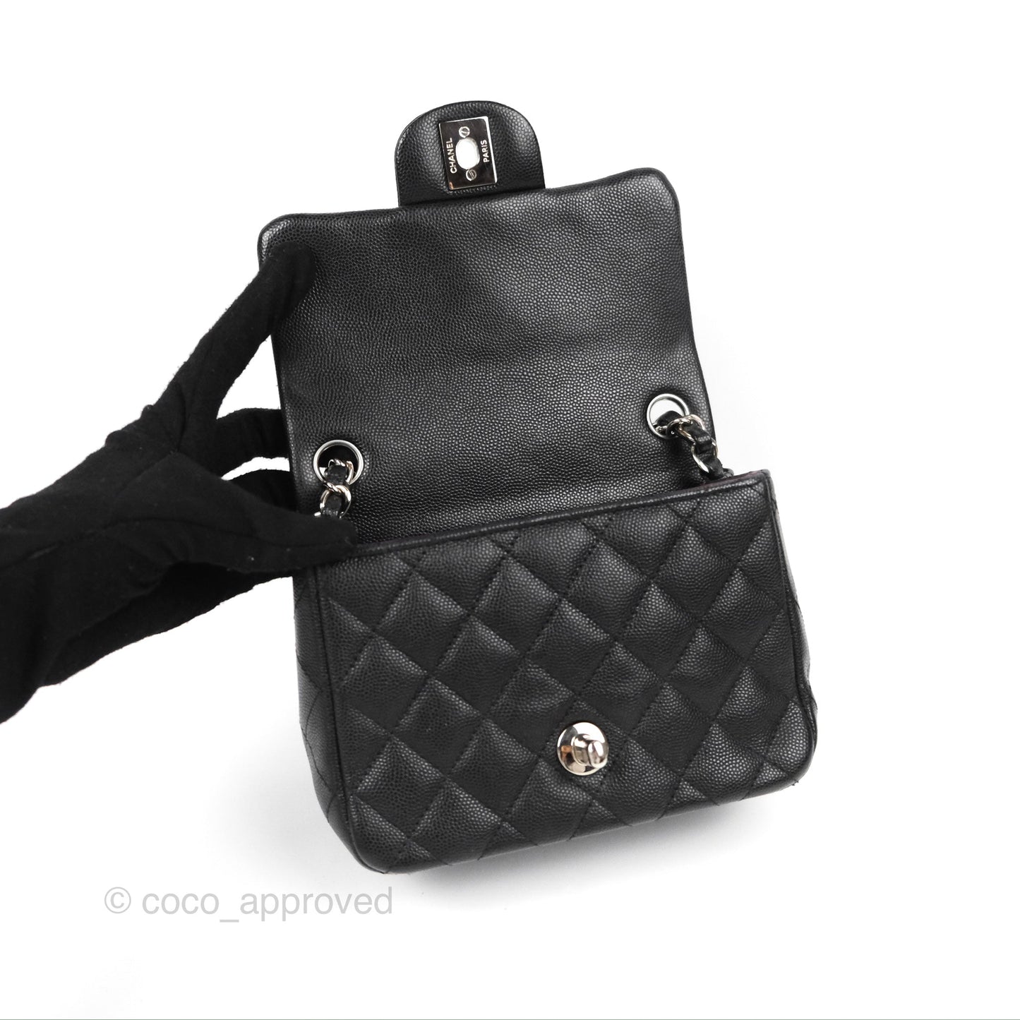 Chanel Quilted Mini Square Flap Black Caviar Silver Hardware