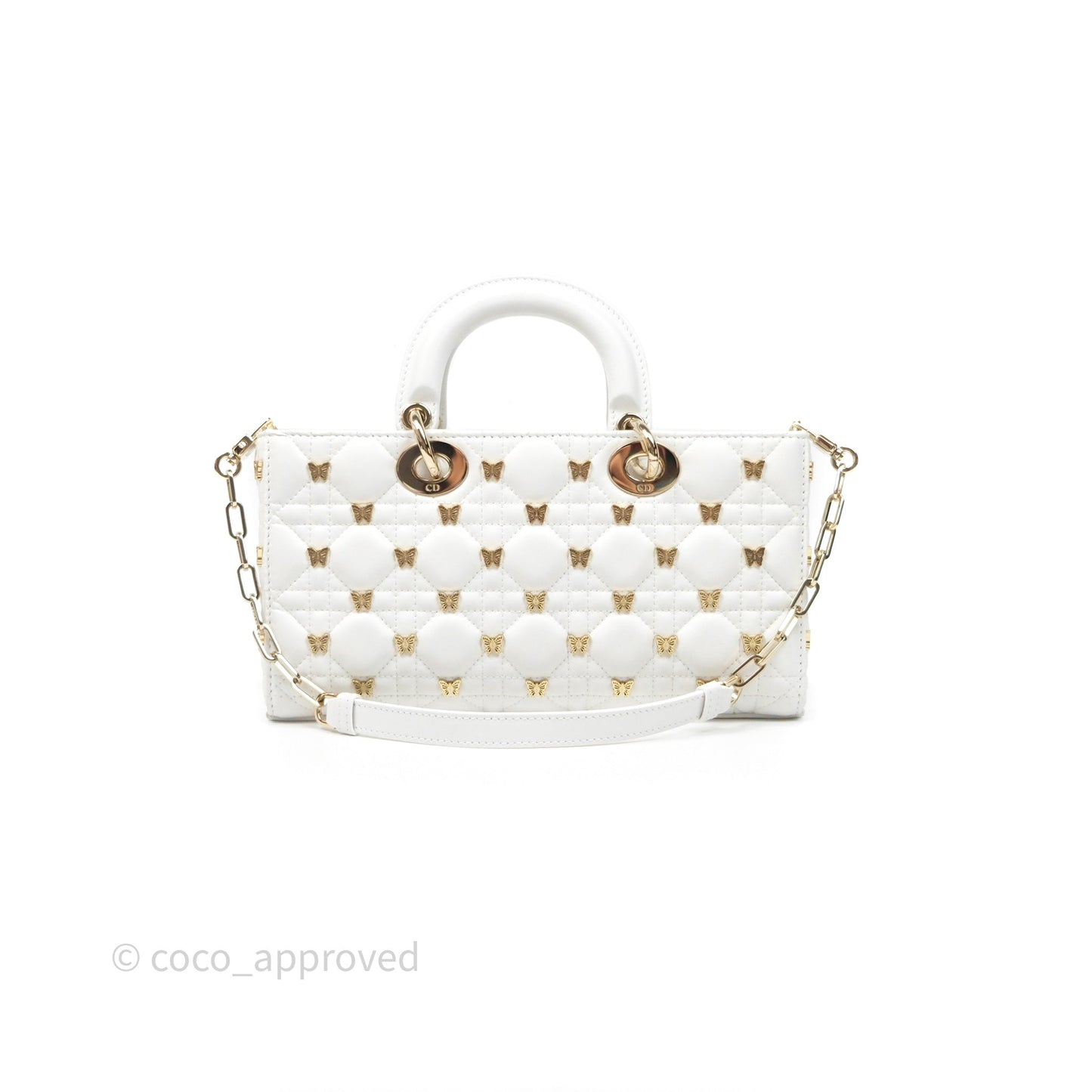 Christian Dior Medium Lady D-Joy Bag Butterfly White Lambskin Cannage Gold Hardware