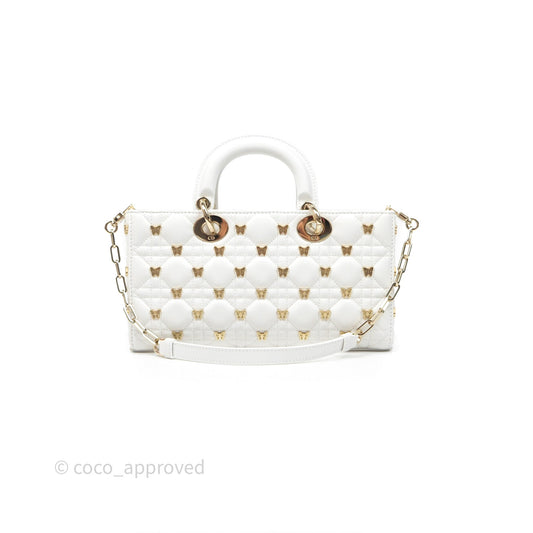 Christian Dior Medium Lady D-Joy Bag Butterfly White Lambskin Cannage Gold Hardware