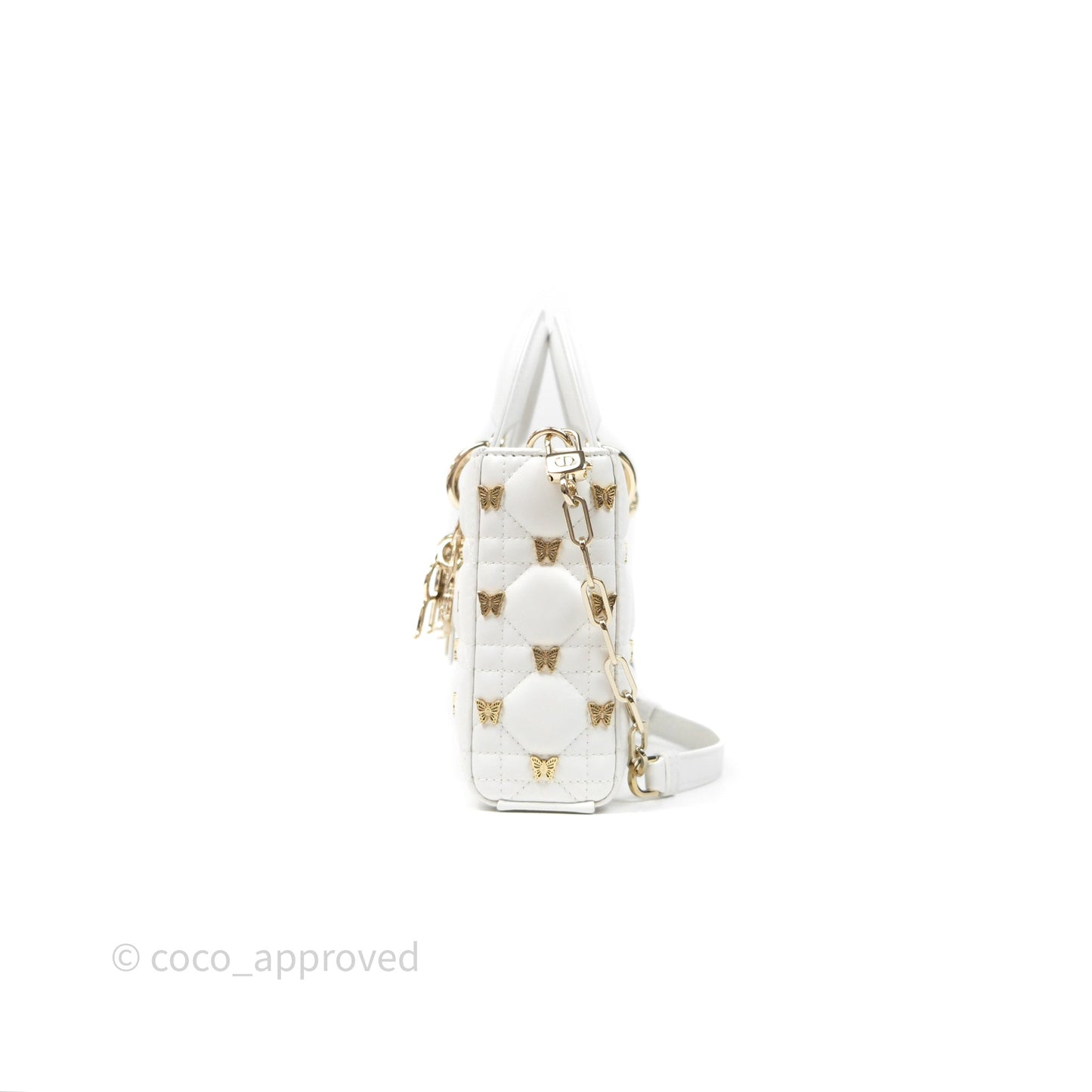 Christian Dior Medium Lady D-Joy Bag Butterfly White Lambskin Cannage Gold Hardware