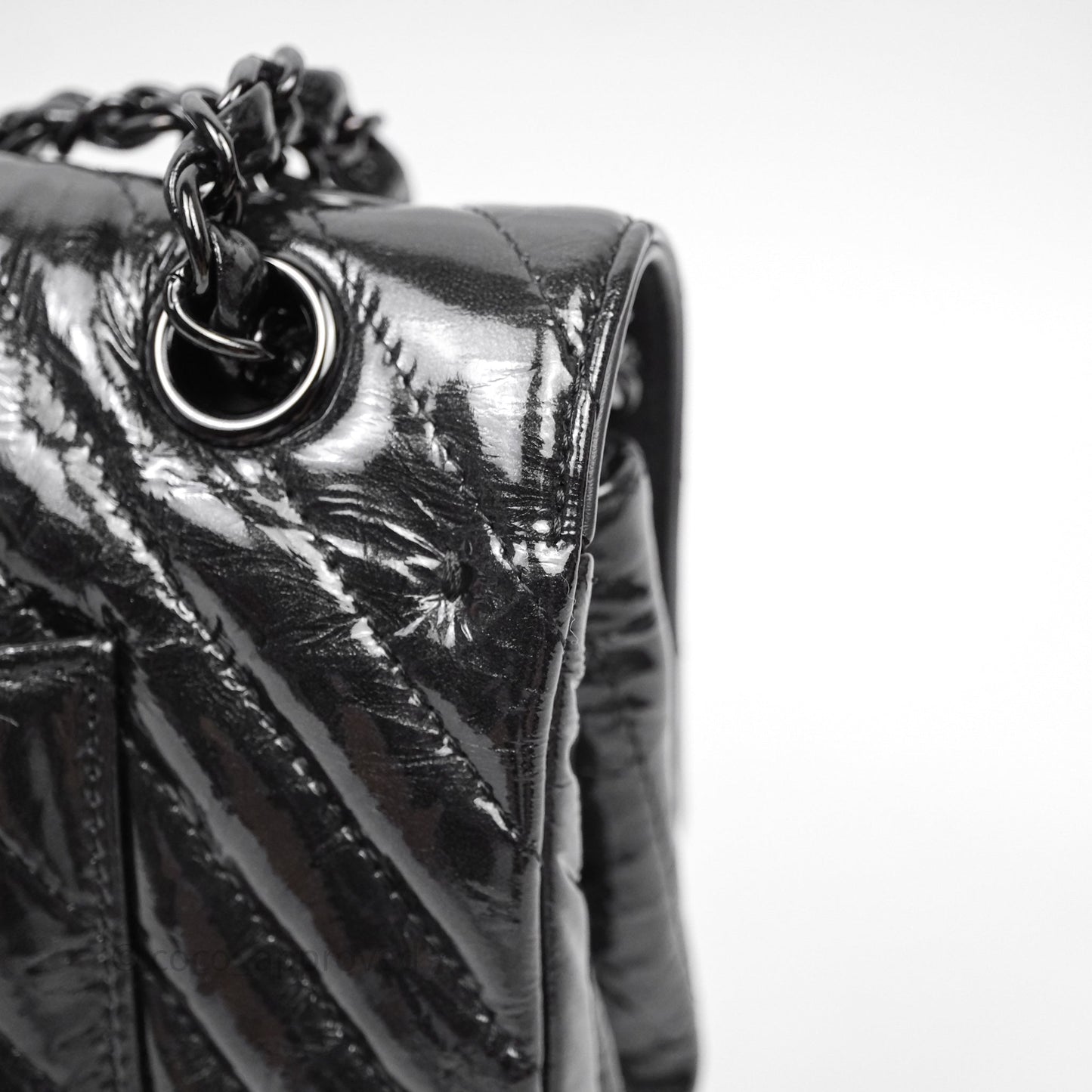 Chanel Classic Chevron M/L Medium Double Flap So Black Patent Calfskin